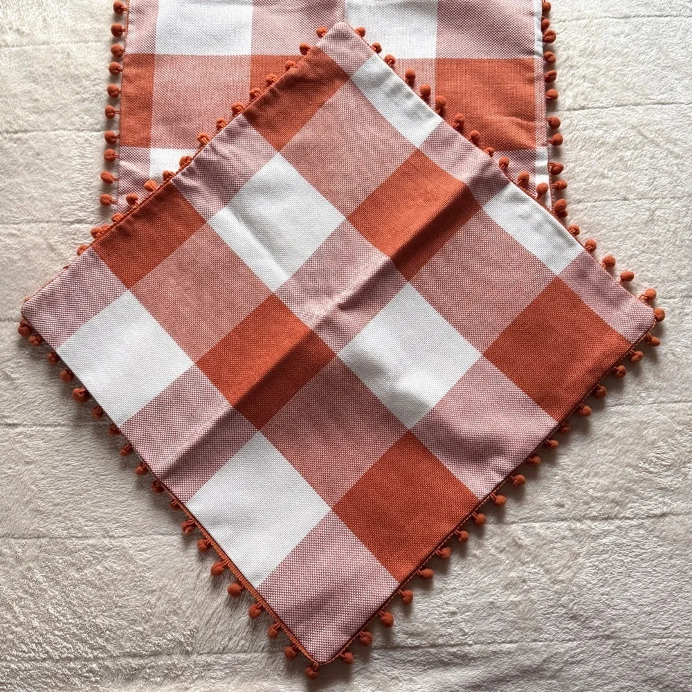 Fall Pillow Covers - Set of 2 Buffalo Orange and White Plaid, Pumpkin, Pom Poms